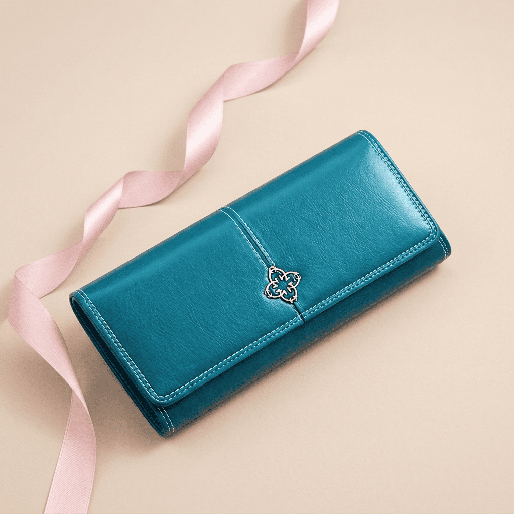 Portefeuille femme élégant grande capacité fenêtre photo en cuir synthétique bleu Elvera avec ruban rose poudré — Novaleor