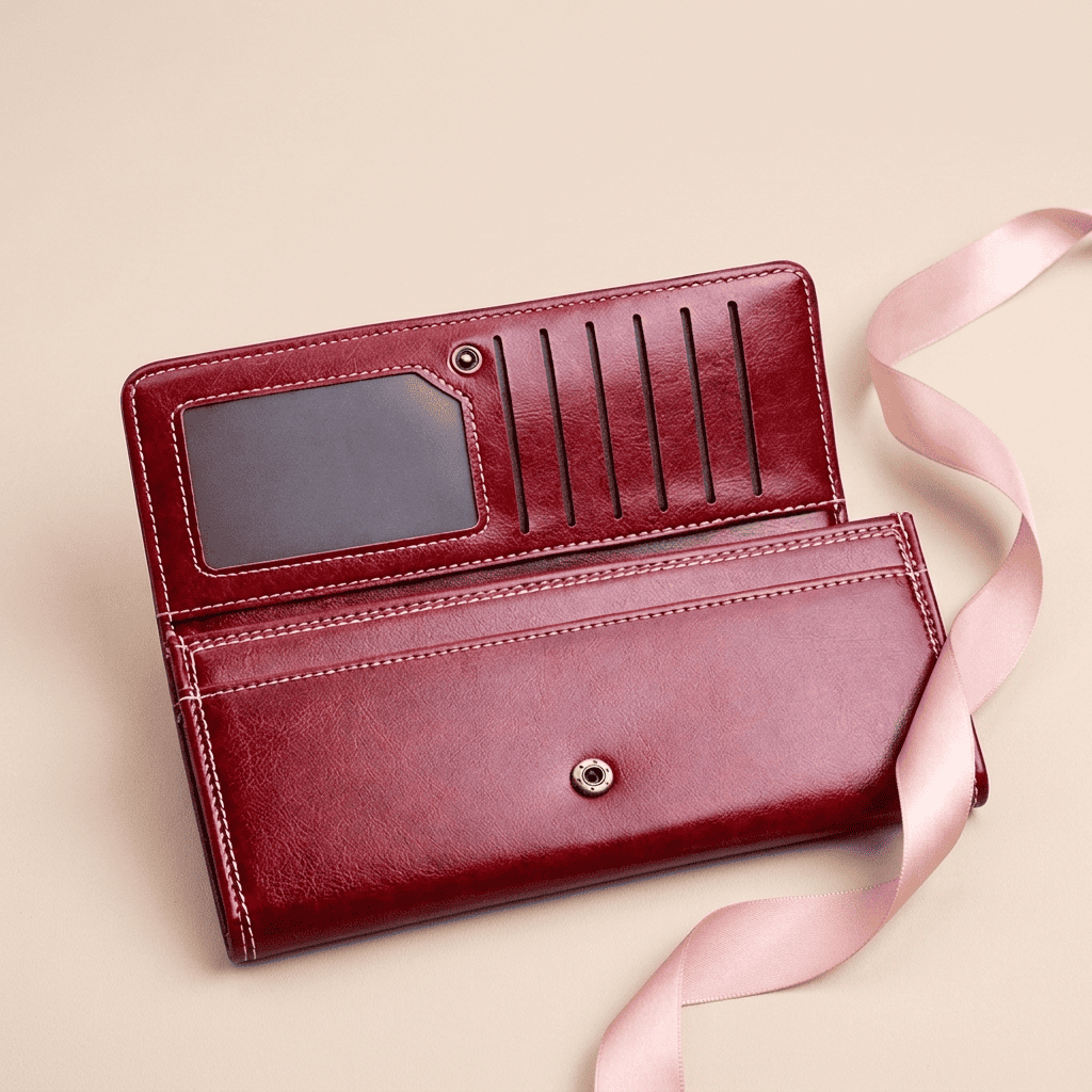 Portefeuille femme élégant grande capacité fenêtre photo en cuir synthétique déplié Elvera avec ruban rose poudré — Novaleor