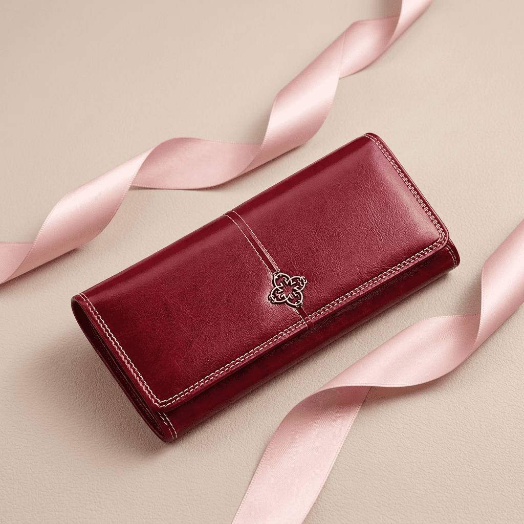 Portefeuille femme élégant grande capacité fenêtre photo en cuir synthétique rouge Elvera avec ruban rose poudré — Novaleor