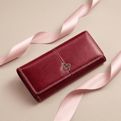 Portefeuille femme élégant grande capacité fenêtre photo en cuir synthétique rouge Elvera avec ruban rose poudré — Novaleor