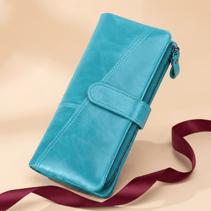 Portefeuille femme long slim cuir véritable bleu ciel Elyna avec ruban bordeaux — Novaleor