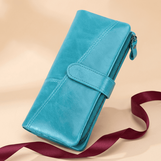 Portefeuille femme long slim cuir véritable bleu ciel Elyna avec ruban bordeaux — Novaleor