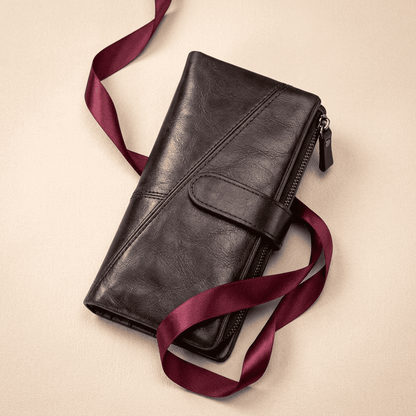 Portefeuille femme long slim cuir véritable café Elyna avec ruban bordeaux — Novaleor