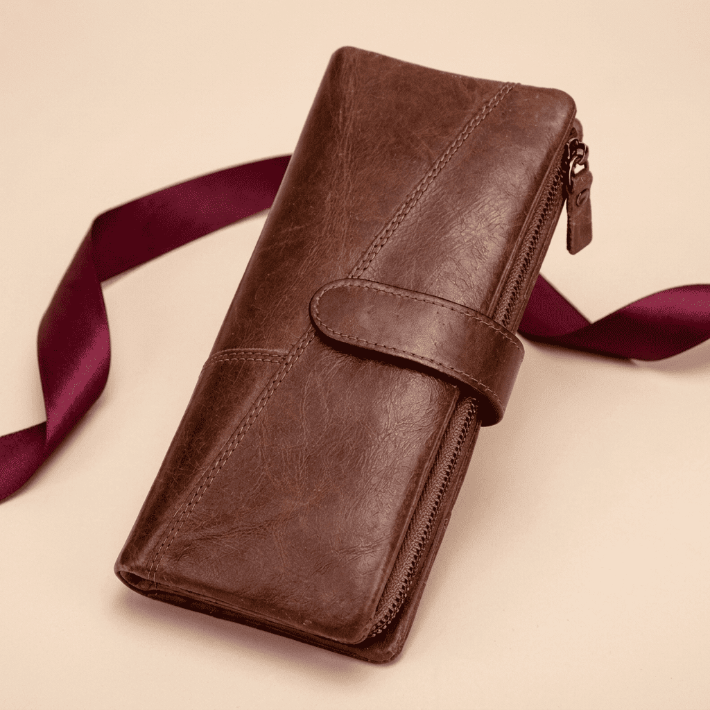 Portefeuille femme long slim cuir véritable marron Elyna avec ruban bordeaux — Novaleor