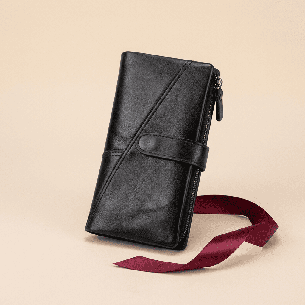Portefeuille femme long slim cuir véritable noir Elyna avec ruban bordeaux — Novaleor