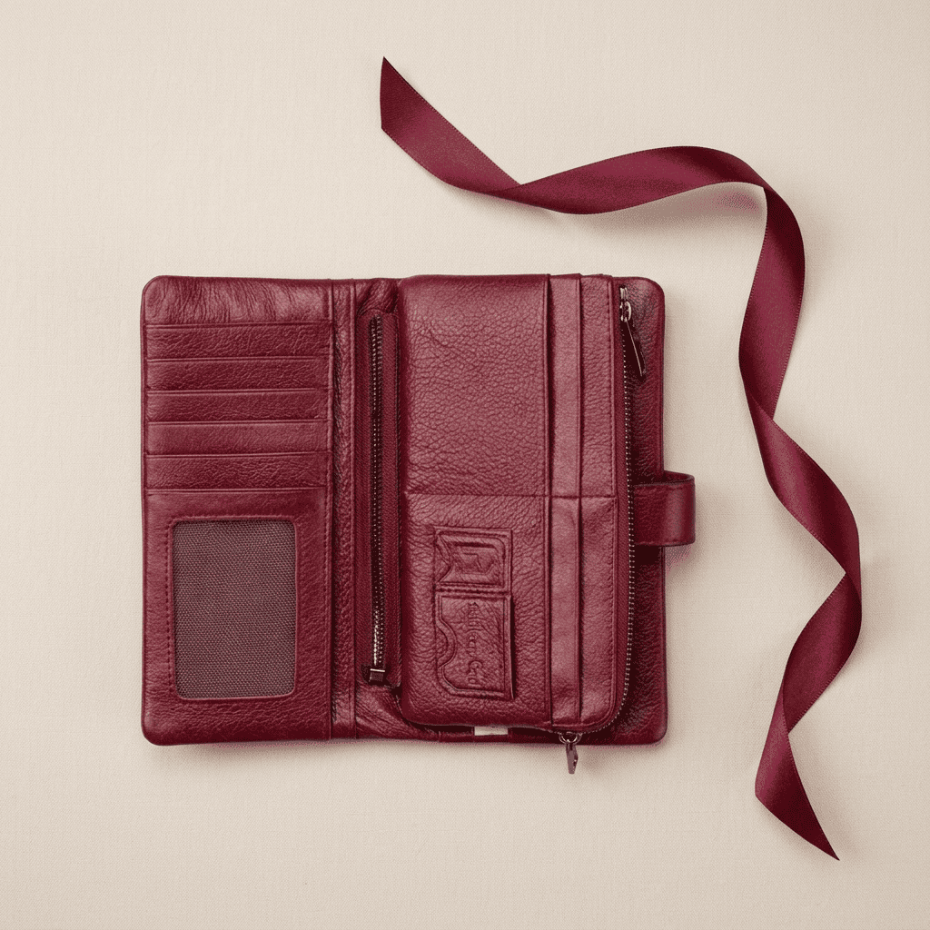 Portefeuille femme long slim cuir véritable ouvert Elyna avec ruban bordeaux — Novaleor