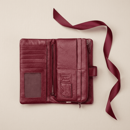 Portefeuille femme long slim cuir véritable ouvert Elyna avec ruban bordeaux — Novaleor