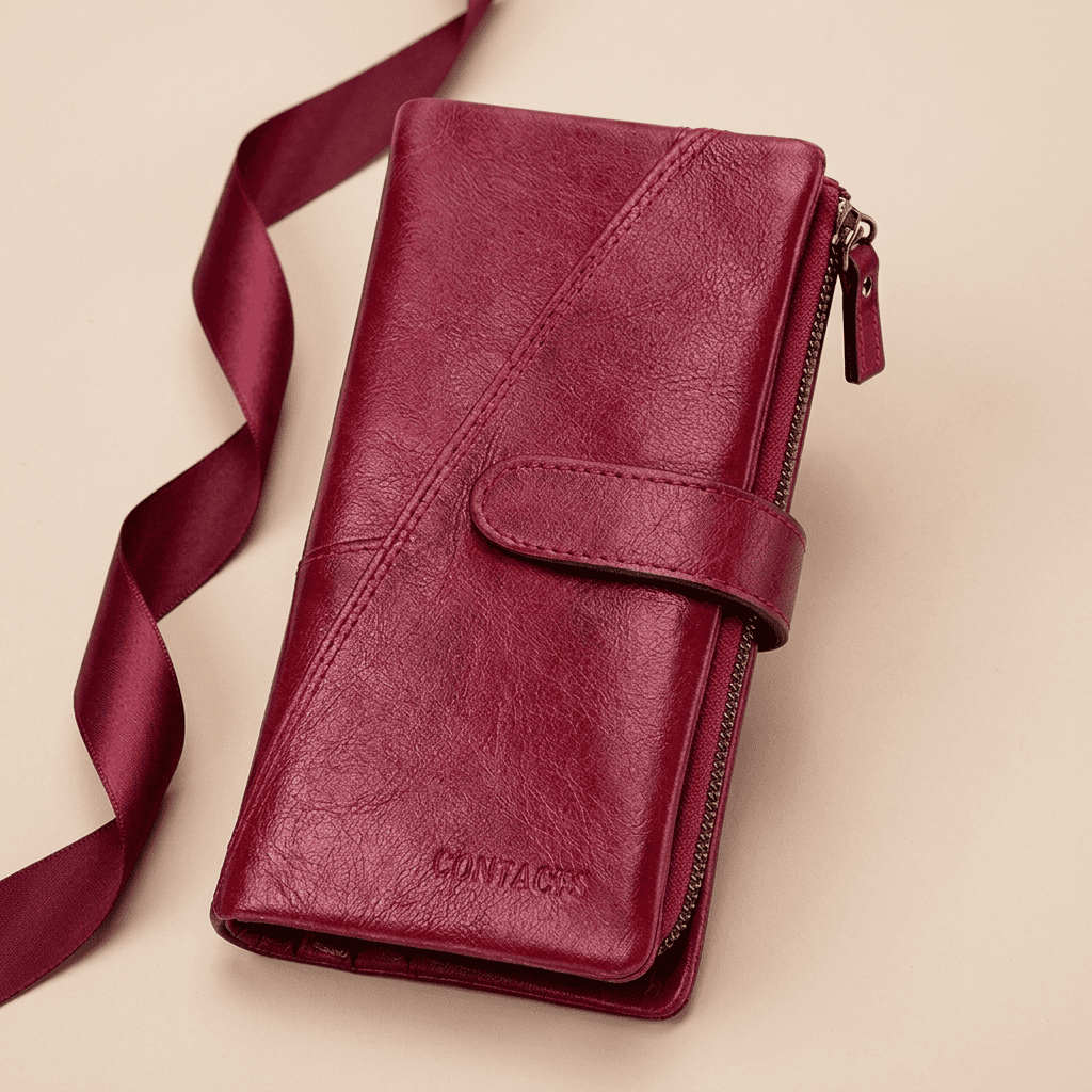 Portefeuille femme long slim cuir véritable rouge Elyna avec ruban bordeaux — Novaleor