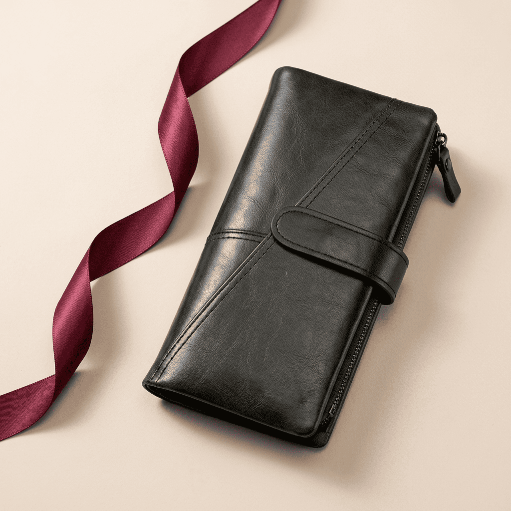 Portefeuille femme long slim cuir véritable vert foncé Elyna avec ruban bordeaux — Novaleor