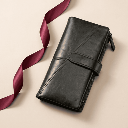 Portefeuille femme long slim cuir véritable vert foncé Elyna avec ruban bordeaux — Novaleor