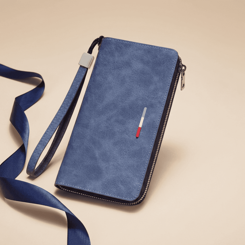 Portefeuille homme pochette long zippé dragonne en cuir synthétique bleu Eryon avec ruban bleu nuit — Novaleor