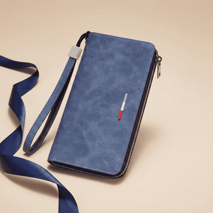 Portefeuille homme pochette long zippé dragonne en cuir synthétique bleu Eryon avec ruban bleu nuit — Novaleor