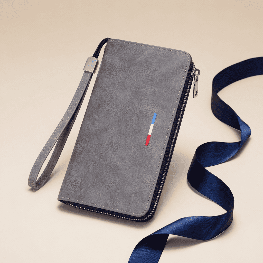 Portefeuille homme pochette long zippé dragonne en cuir synthétique gris Eryon avec ruban bleu nuit — Novaleor