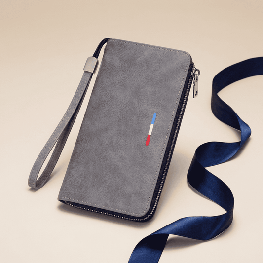 Portefeuille homme pochette long zippé dragonne en cuir synthétique gris Eryon avec ruban bleu nuit — Novaleor