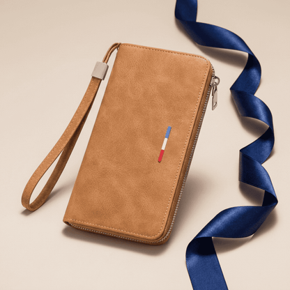 Portefeuille homme pochette long zippé dragonne en cuir synthétique marron Eryon avec ruban bleu nuit — Novaleor