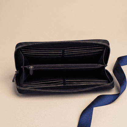 Portefeuille homme pochette long zippé dragonne en cuir synthétique ouvert Eryon avec ruban bleu nuit — Novaleor