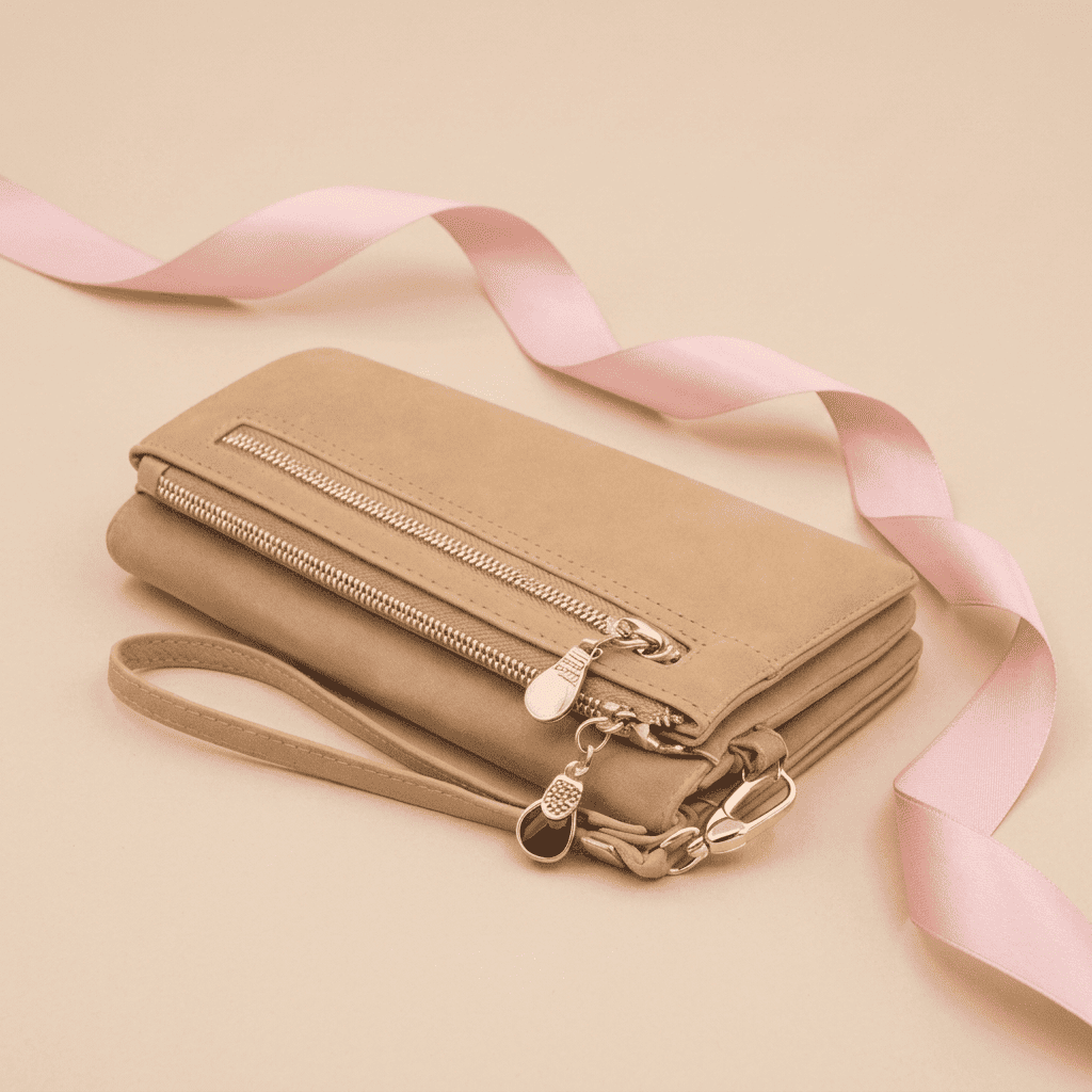 Portefeuille femme double zip grande capacité cuir synthétique beige Isalya avec ruban rose poudré — Novaleor