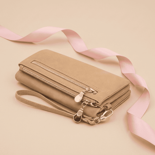 Portefeuille femme double zip grande capacité cuir synthétique beige Isalya avec ruban rose poudré — Novaleor