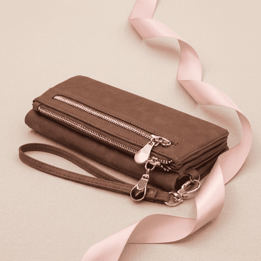 Portefeuille femme double zip grande capacité cuir synthétique café Isalya avec ruban rose poudré — Novaleor