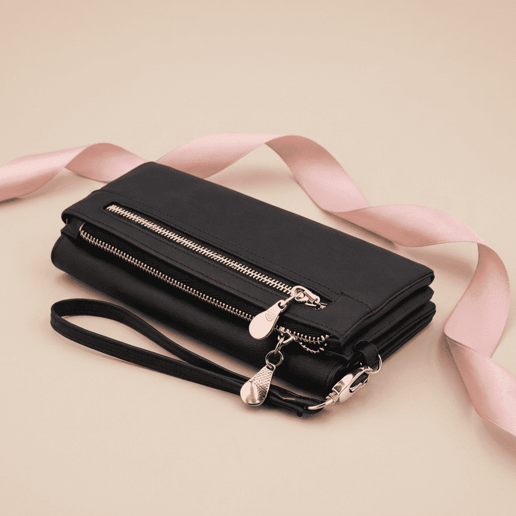 Portefeuille femme double zip grande capacité cuir synthétique noir Isalya avec ruban rose poudré — Novaleor