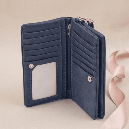 Portefeuille femme double zip grande capacité cuir synthétique ouvert Isalya avec ruban rose poudré — Novaleor