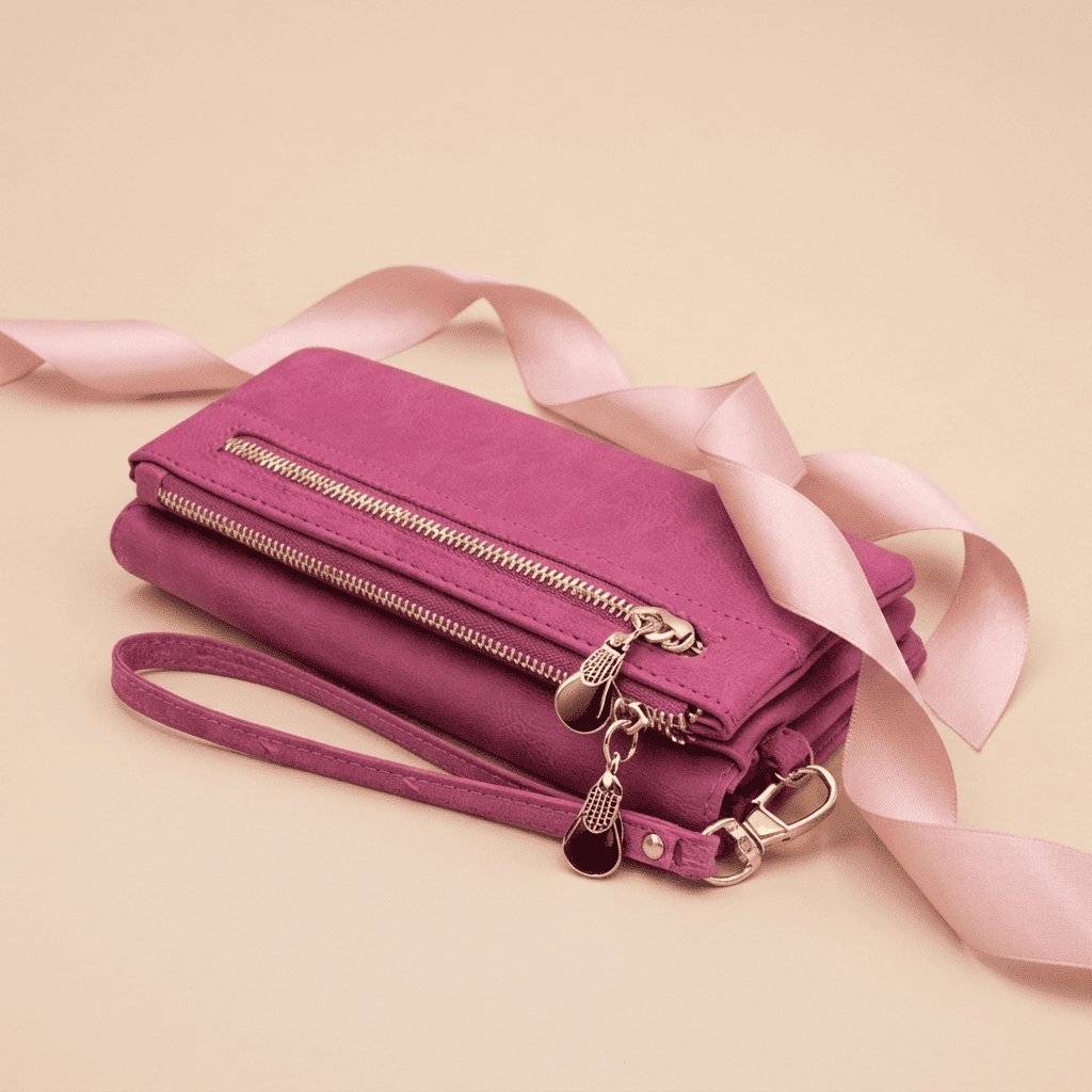 Portefeuille femme double zip grande capacité cuir synthétique rose Isalya avec ruban rose poudré — Novaleor