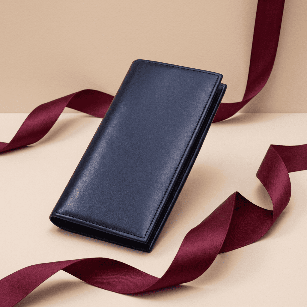Portefeuille long cuir véritable japonais bleu Kaizen avec ruban bordeaux — Novaleor