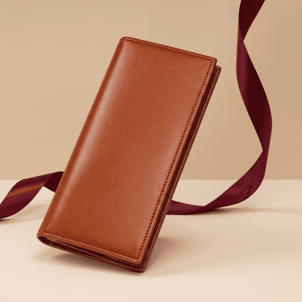 Portefeuille long cuir véritable japonais marron Kaizen avec ruban bordeaux — Novaleor