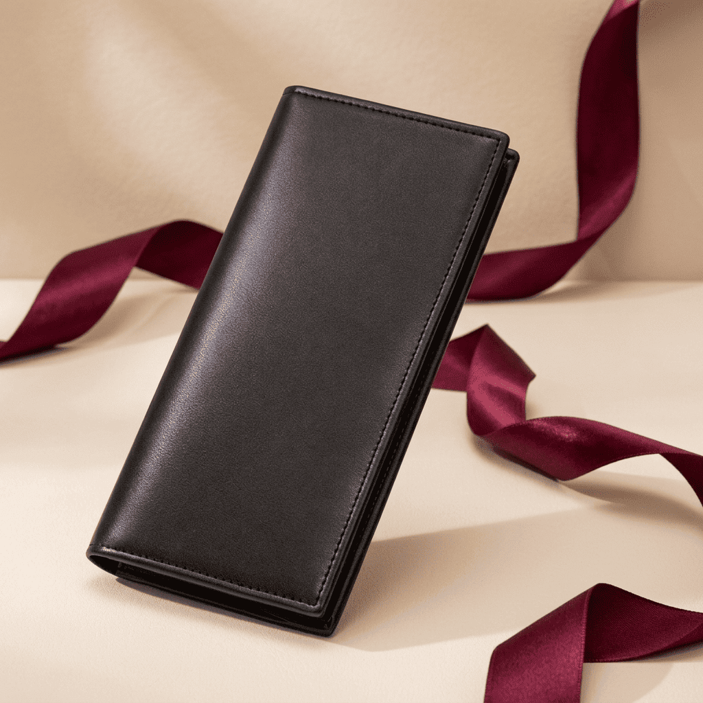 Portefeuille long cuir véritable japonais noir Kaizen avec ruban bordeaux — Novaleor