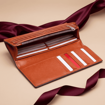 Portefeuille long cuir véritable japonais ouvert Kaizen avec ruban bordeaux — Novaleor