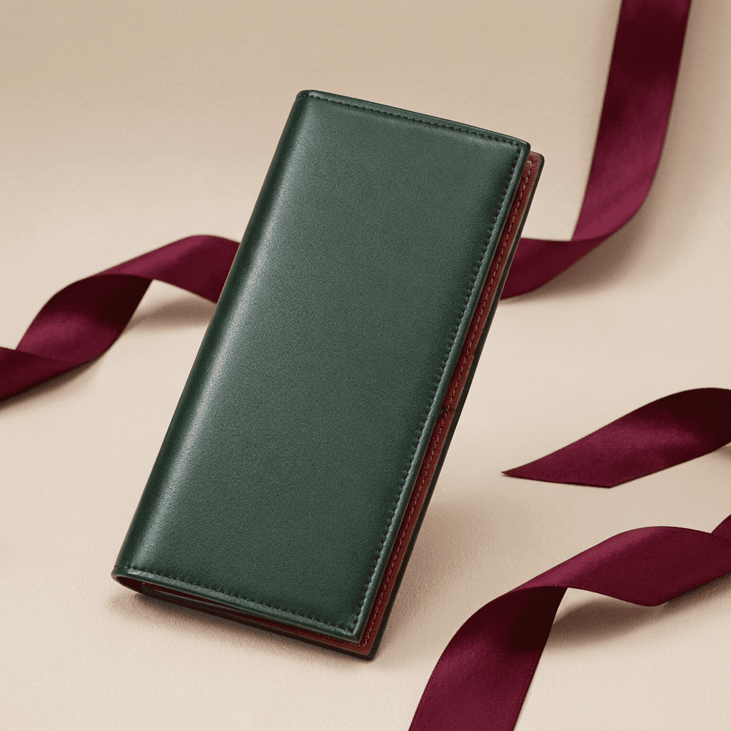 Portefeuille long cuir véritable japonais vert Kaizen avec ruban bordeaux — Novaleor