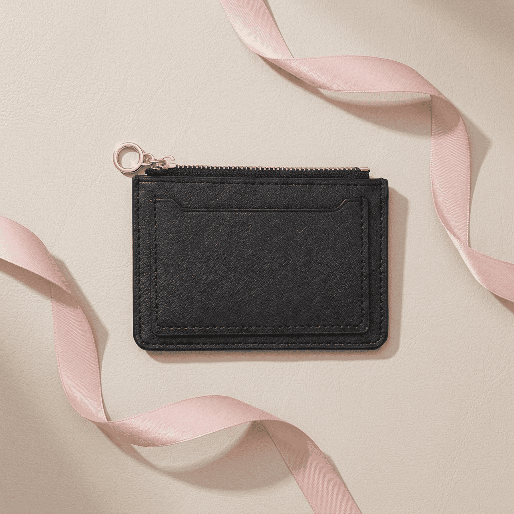 Portefeuille femme compact moraillon zip cuir synthétique noir Lunara avec ruban rose poudré — Novaleor