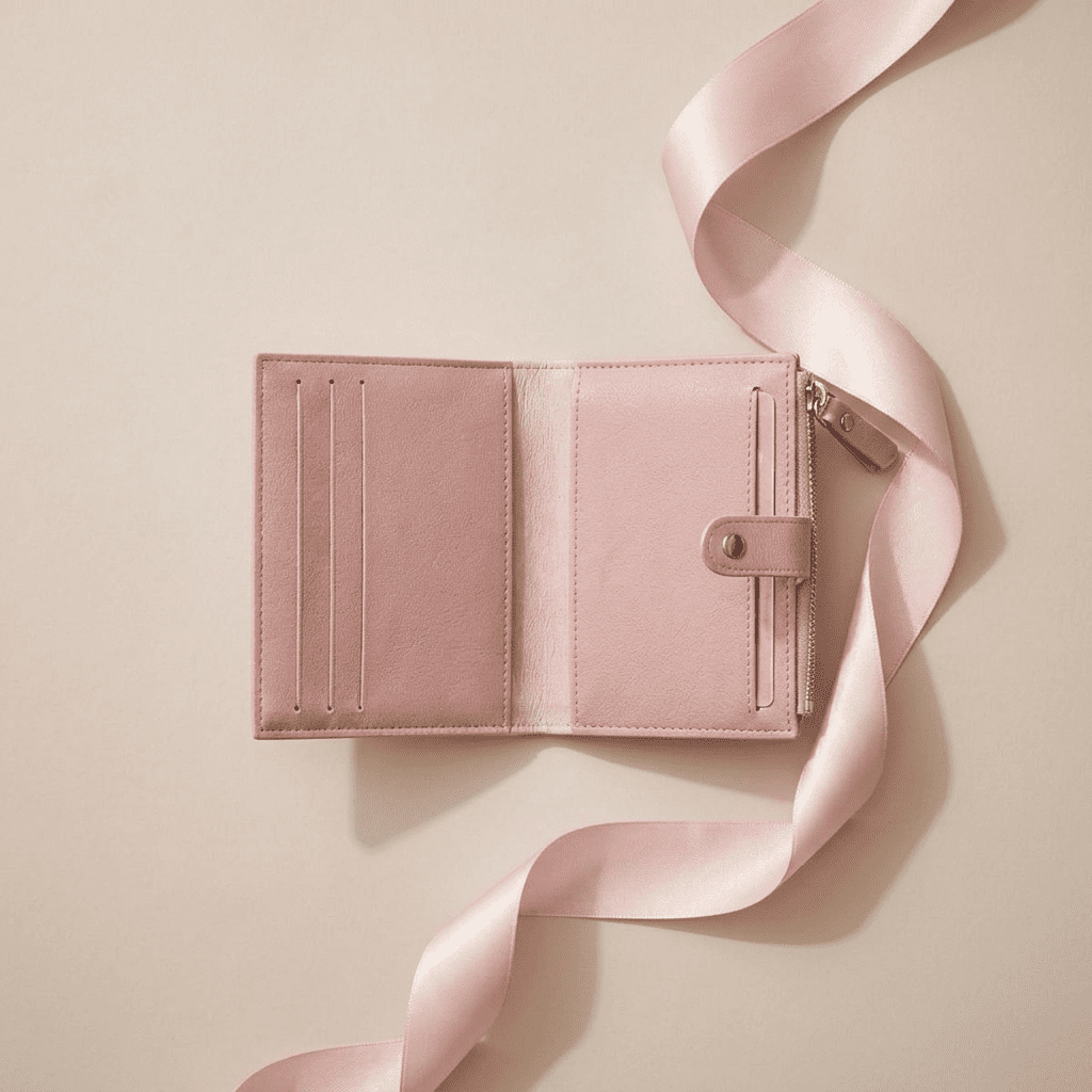 Portefeuille femme compact moraillon zip cuir synthétique rose ouvert Lunara avec ruban rose poudré — Novaleor