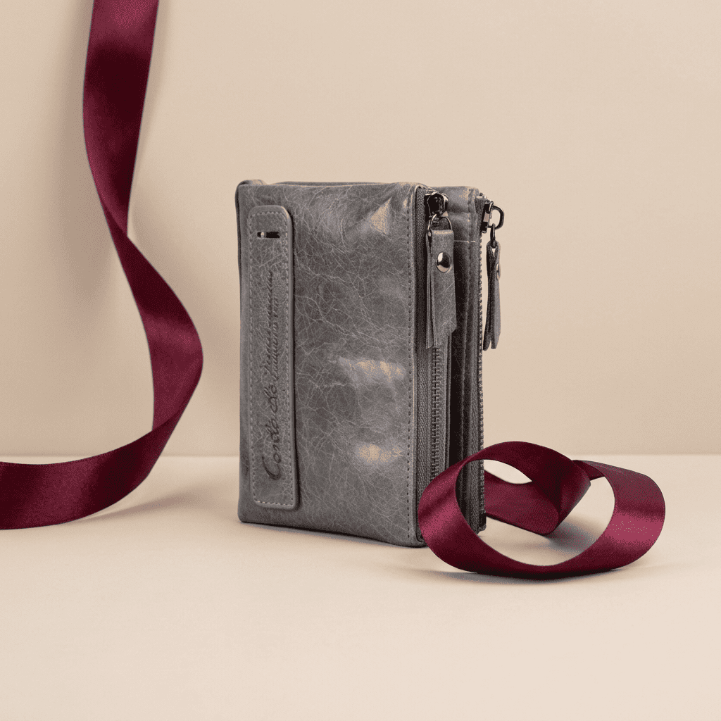 Portefeuille femme compact cuir véritable élégant gris Lysera avec ruban bordeaux — Novaleor