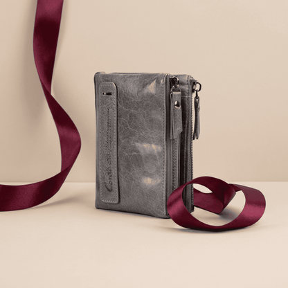 Portefeuille femme compact cuir véritable élégant gris Lysera avec ruban bordeaux — Novaleor