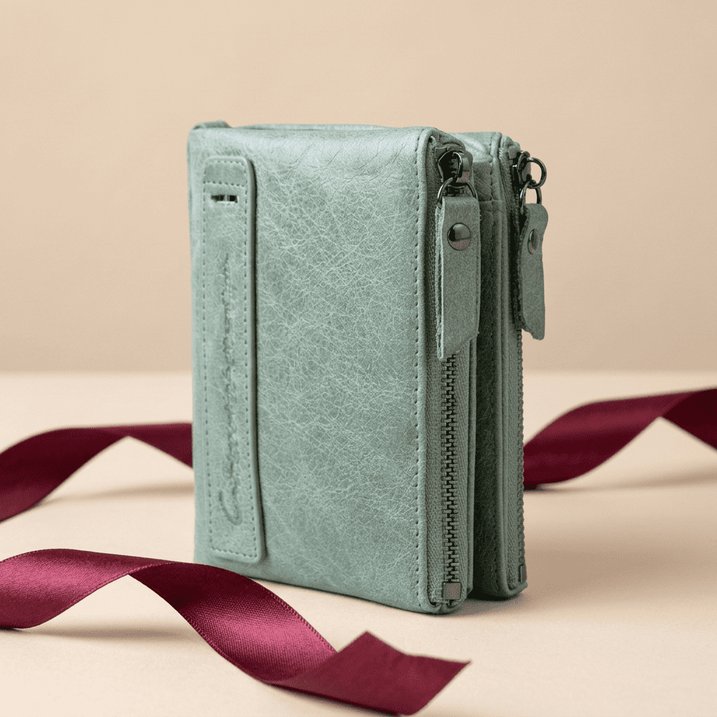 Portefeuille femme compact cuir véritable élégant gris verdâtre Lysera avec ruban bordeaux — Novaleor