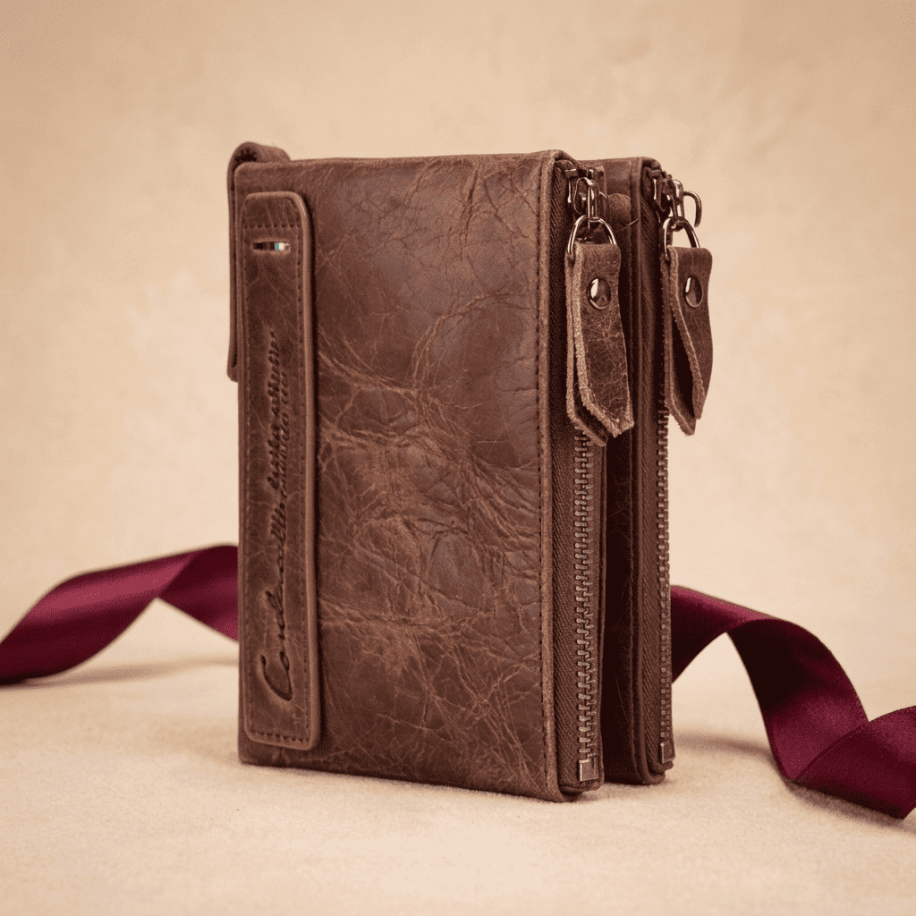 Portefeuille femme compact cuir véritable élégant marron Lysera avec ruban bordeaux — Novaleor