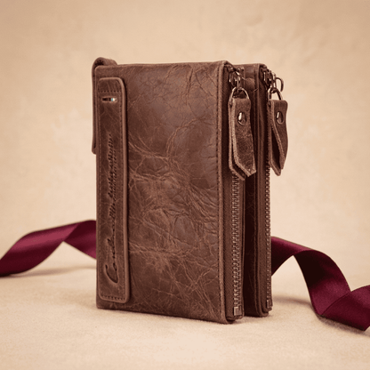 Portefeuille femme compact cuir véritable élégant marron Lysera avec ruban bordeaux — Novaleor