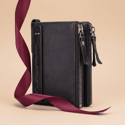 Portefeuille femme compact cuir véritable élégant noir Lysera avec ruban bordeaux — Novaleor