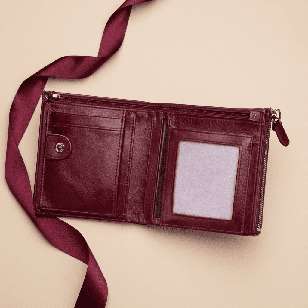 Portefeuille femme compact cuir véritable élégant ouvert Lysera avec ruban bordeaux — Novaleor
