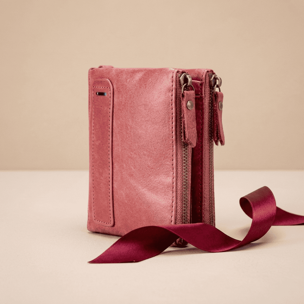 Portefeuille femme compact cuir véritable élégant rose Lysera avec ruban bordeaux — Novaleor