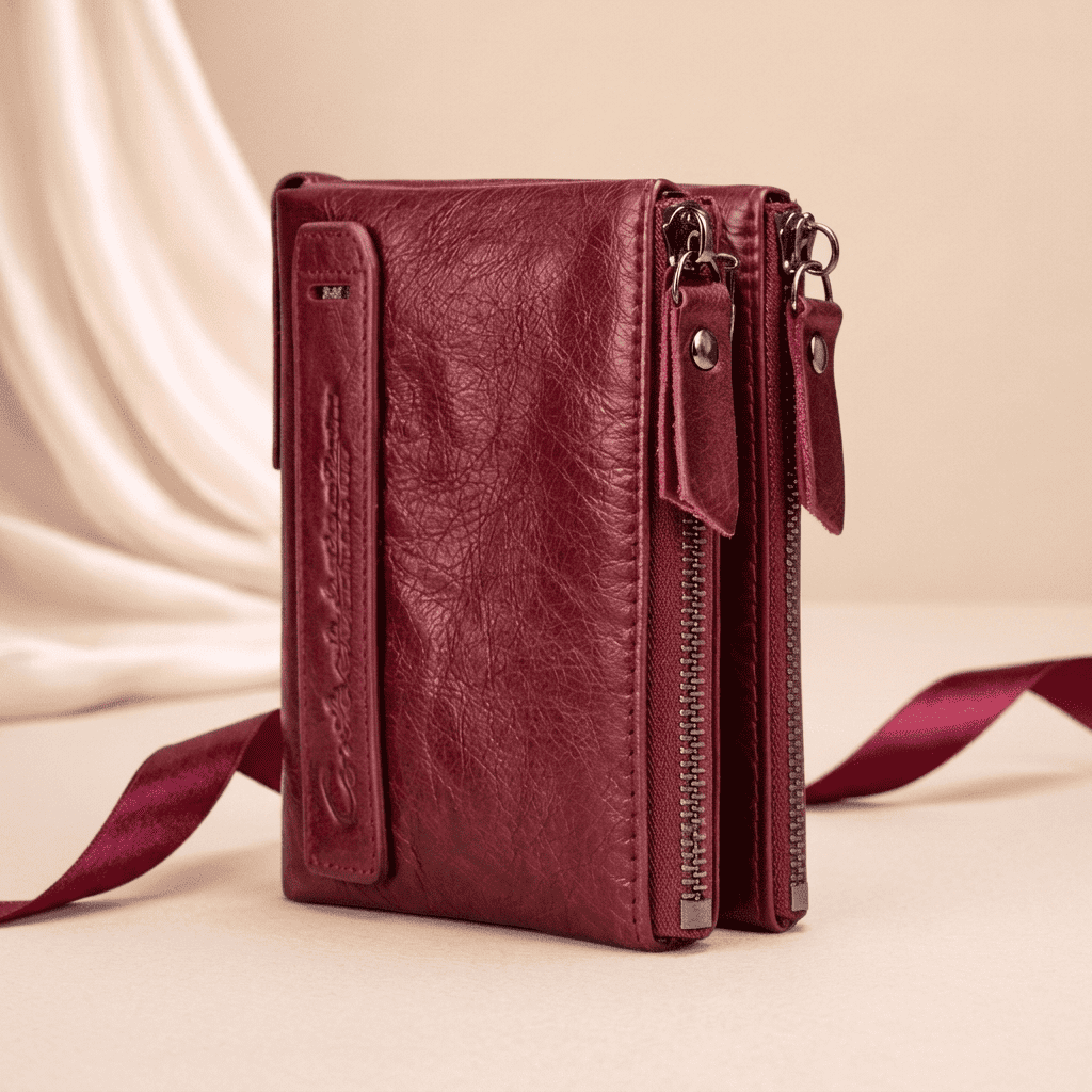 Portefeuille femme compact cuir véritable élégant rouge Lysera avec ruban bordeaux — Novaleor