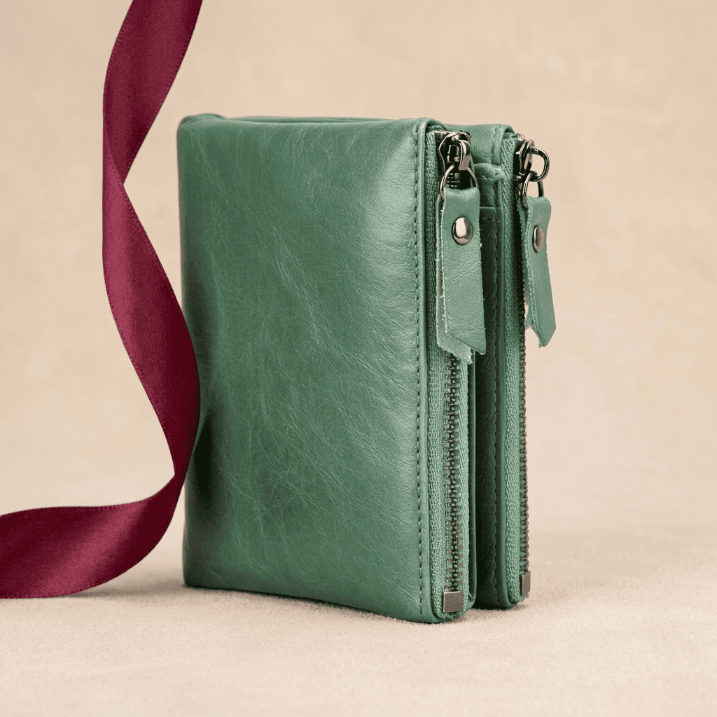 Portefeuille femme compact cuir véritable élégant vert Lysera avec ruban bordeaux — Novaleor