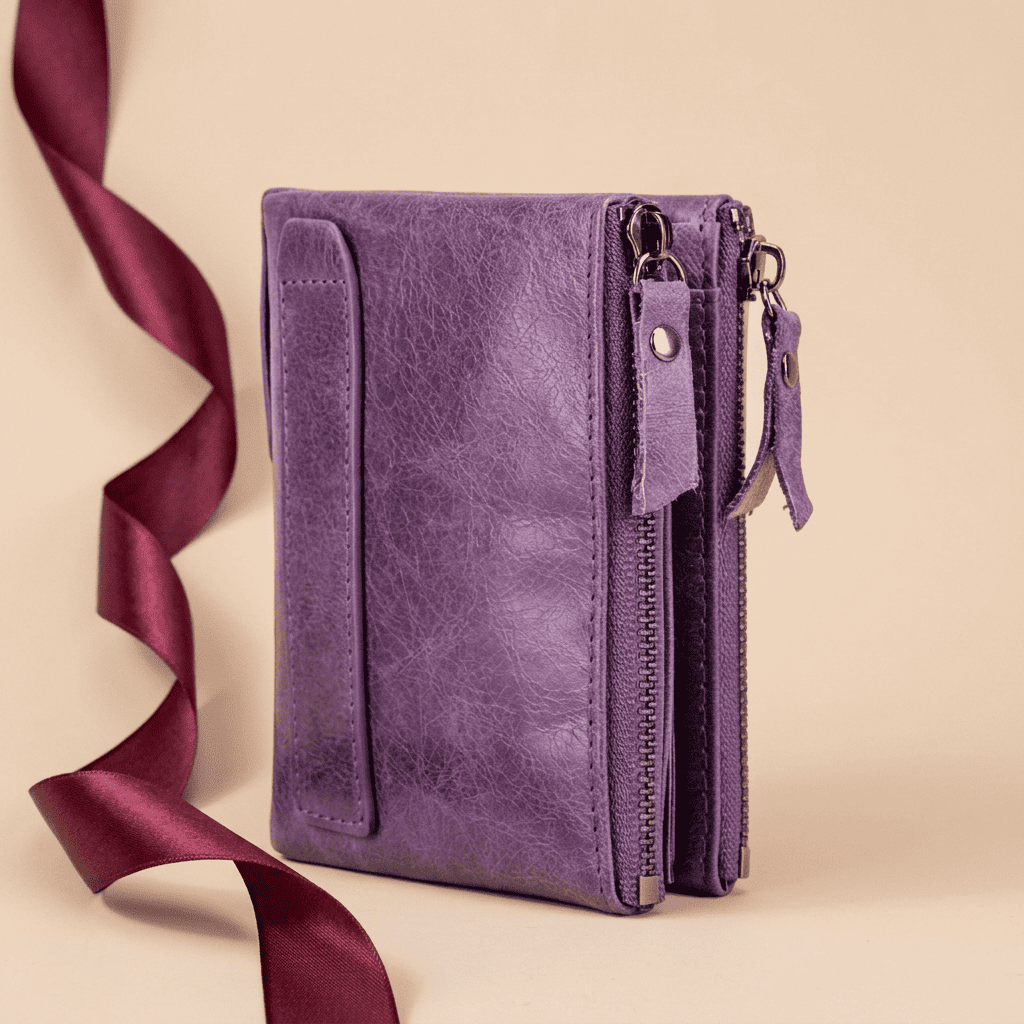 Portefeuille femme compact cuir véritable élégant violet Lysera avec ruban bordeaux — Novaleor