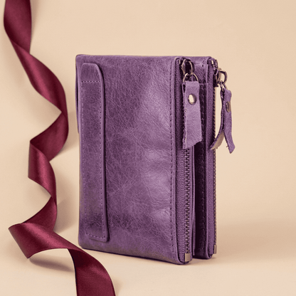 Portefeuille femme compact cuir véritable élégant violet Lysera avec ruban bordeaux — Novaleor