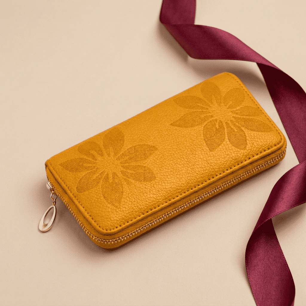 Portefeuille femme long cuir véritable motif floral jaune Maëlya avec ruban bordeaux — Novaleor