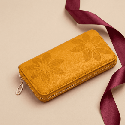 Portefeuille femme long cuir véritable motif floral jaune Maëlya avec ruban bordeaux — Novaleor
