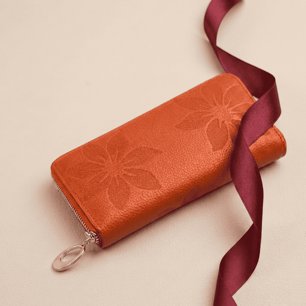 Portefeuille femme long cuir véritable motif floral orange Maëlya avec ruban bordeaux — Novaleor