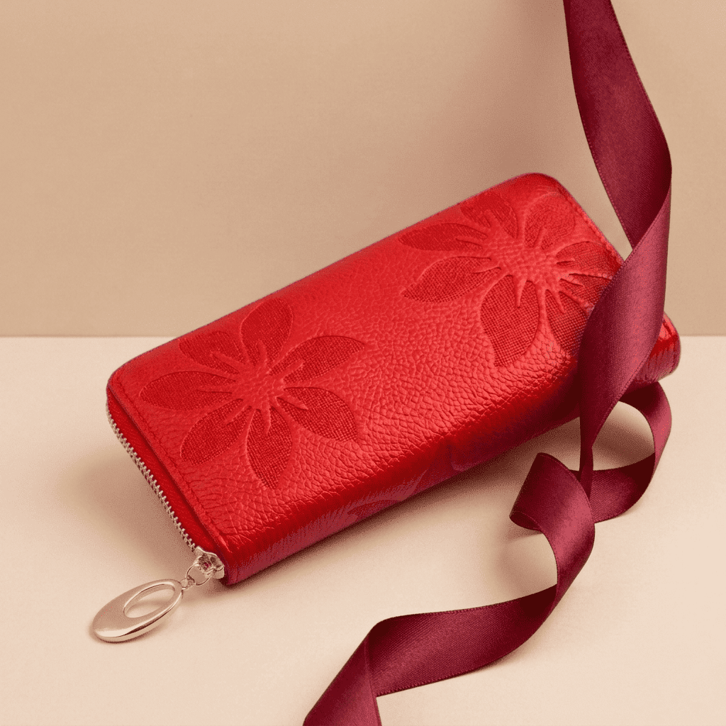 Portefeuille femme long cuir véritable motif floral rouge Maëlya avec ruban bordeaux — Novaleor