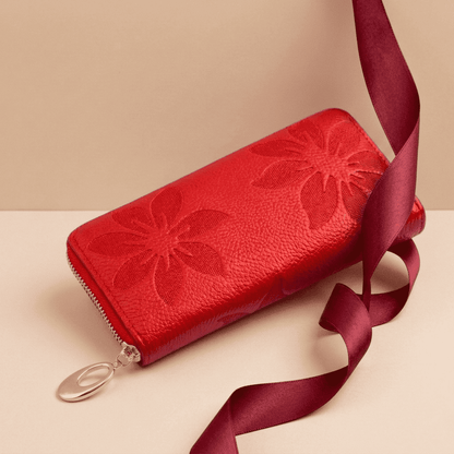 Portefeuille femme long cuir véritable motif floral rouge Maëlya avec ruban bordeaux — Novaleor